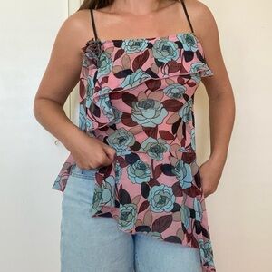Vintage Floral Sheer Asymmetrical top Pink